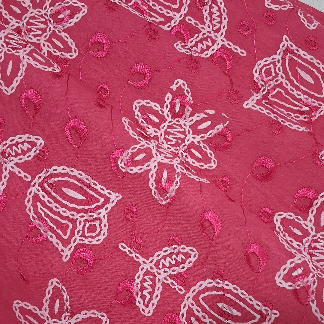 Bright Pink with White Tulip & Daisy Embroidery Cotton Chikan Fabric