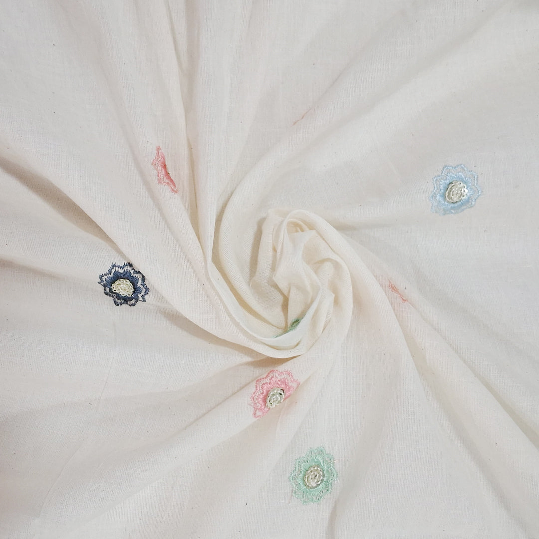 White With Multicolour Zigzag Petal Floral Butti Embroidery work Kora Cotton Fabric