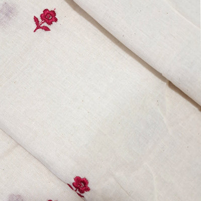 White with Single Floral Embroidery Kora Cotton Fabric
