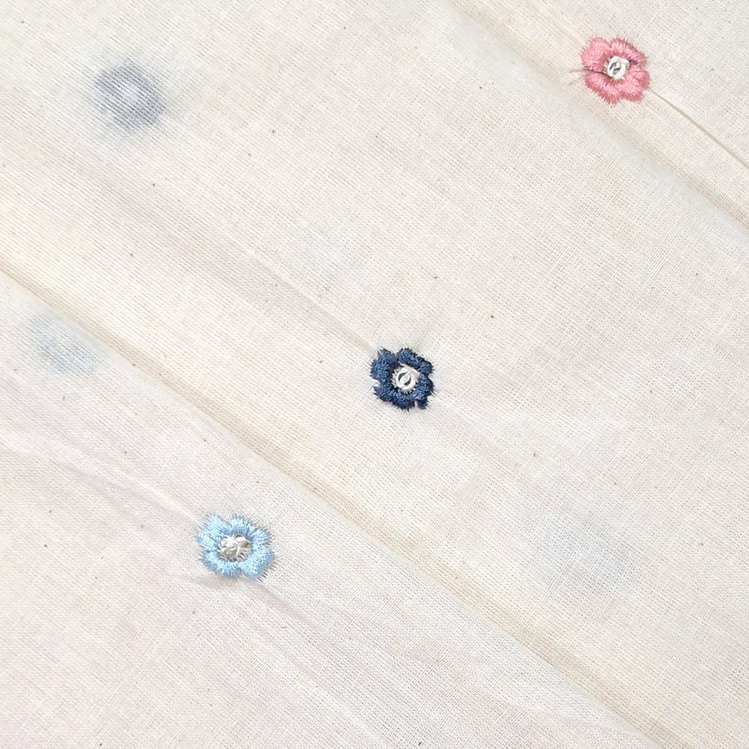 White with All-Over Small Multicolour Floral Embroidery Kora Cotton Fabric