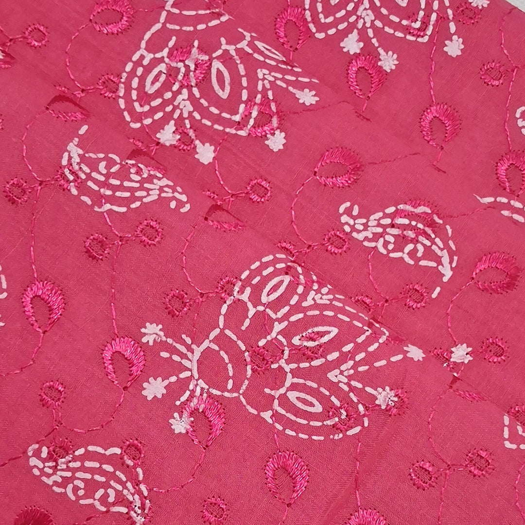 Bright Pink with White Paisley & Floral Embroidery Cotton Chikan Fabric