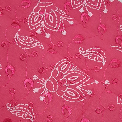 Bright Pink with White Paisley & Floral Embroidery Cotton Chikan Fabric
