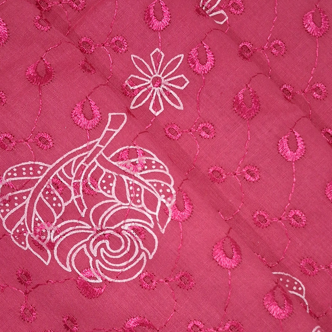 Bright Pink  with White Leaf & Floral Embroidery Cotton Chikan Fabric
