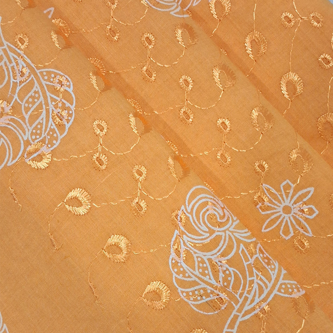 Mango Yellow with White Leaf & Floral Embroidery Cotton Chikan Fabric