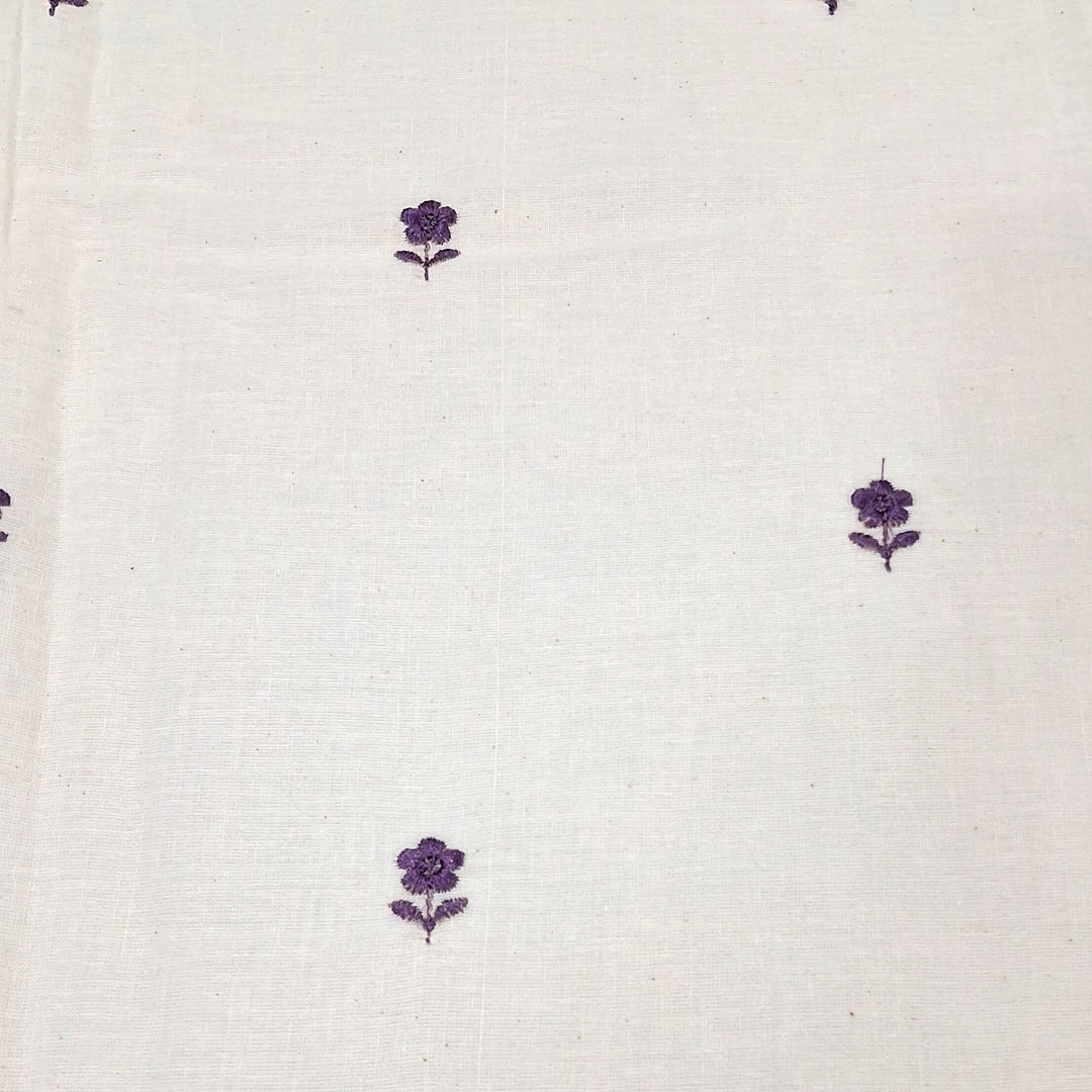 White with Single Floral Embroidery Kora Cotton  Fabric