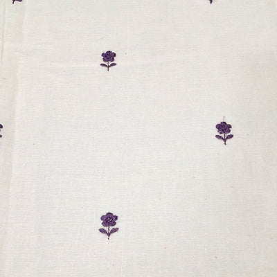White with Single Floral Embroidery Kora Cotton  Fabric