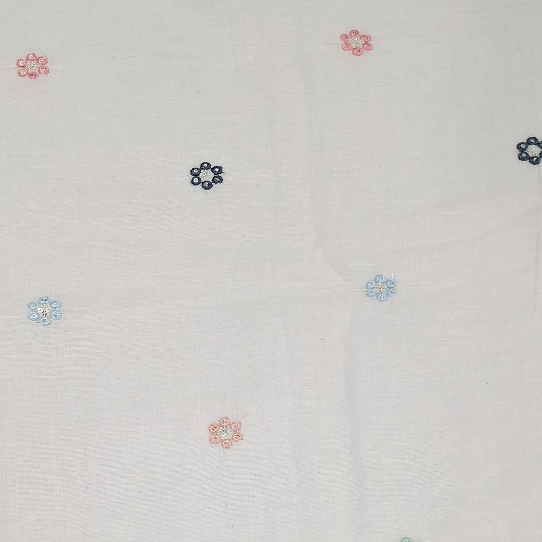 White Fabric with Delicate Multicolour Mini Flowers Kora Cotton Fabric