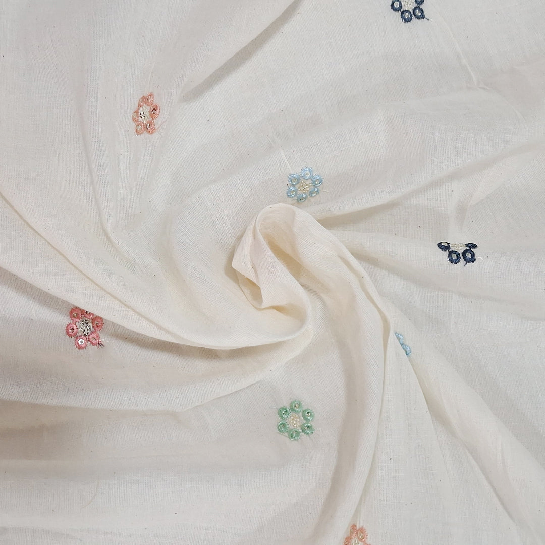White Fabric with Delicate Multicolour Mini Flowers Kora Cotton Fabric