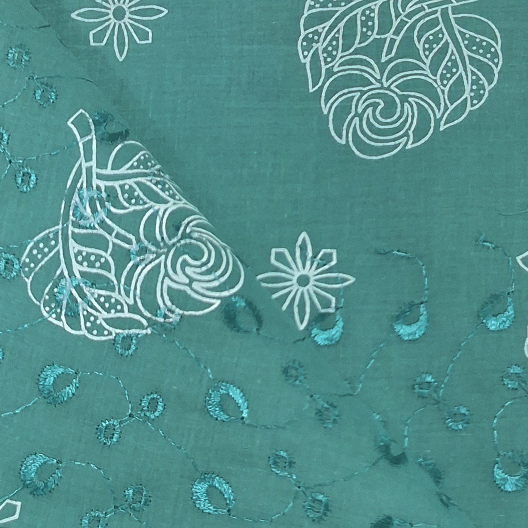 Peacock Green with White Leaf & Floral Embroidery Cotton Chikan Fabric