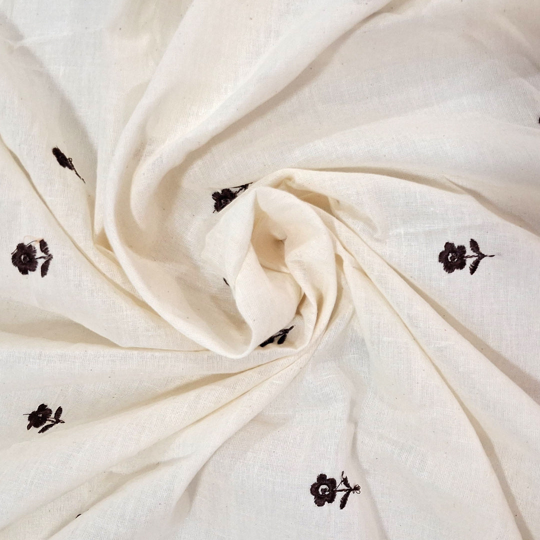 White with Single Floral Embroidery Kora Cotton Fabric