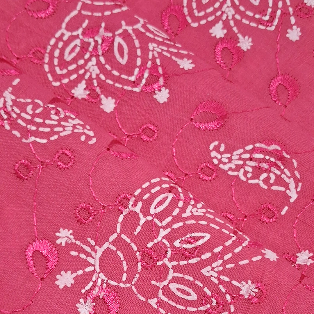 Bright Pink with White Paisley & Floral Embroidery Cotton Chikan Fabric