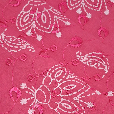 Bright Pink with White Paisley & Floral Embroidery Cotton Chikan Fabric