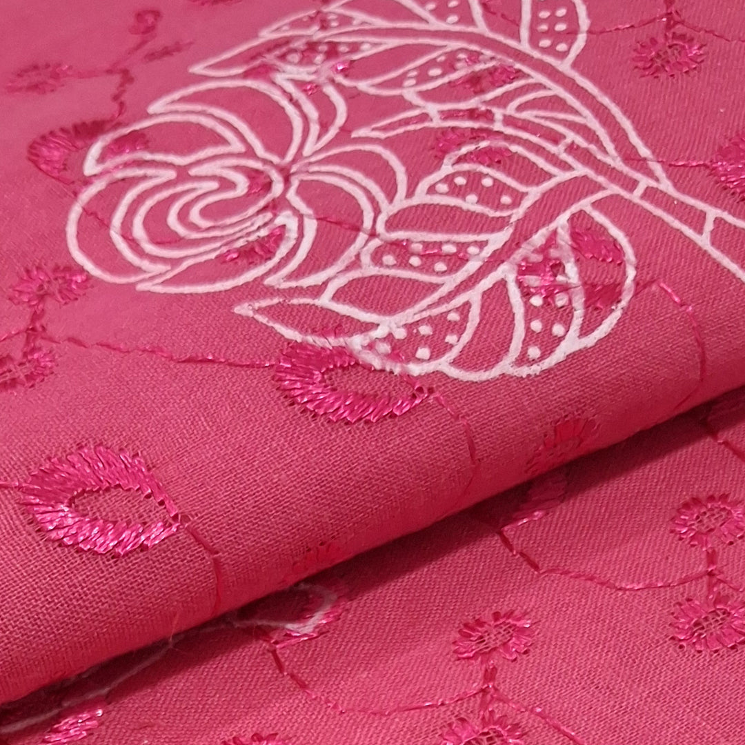 Bright Pink  with White Leaf & Floral Embroidery Cotton Chikan Fabric