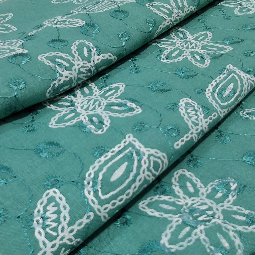 Peacock Green  with White Tulip & Daisy Embroidery Cotton Chikan Fabric