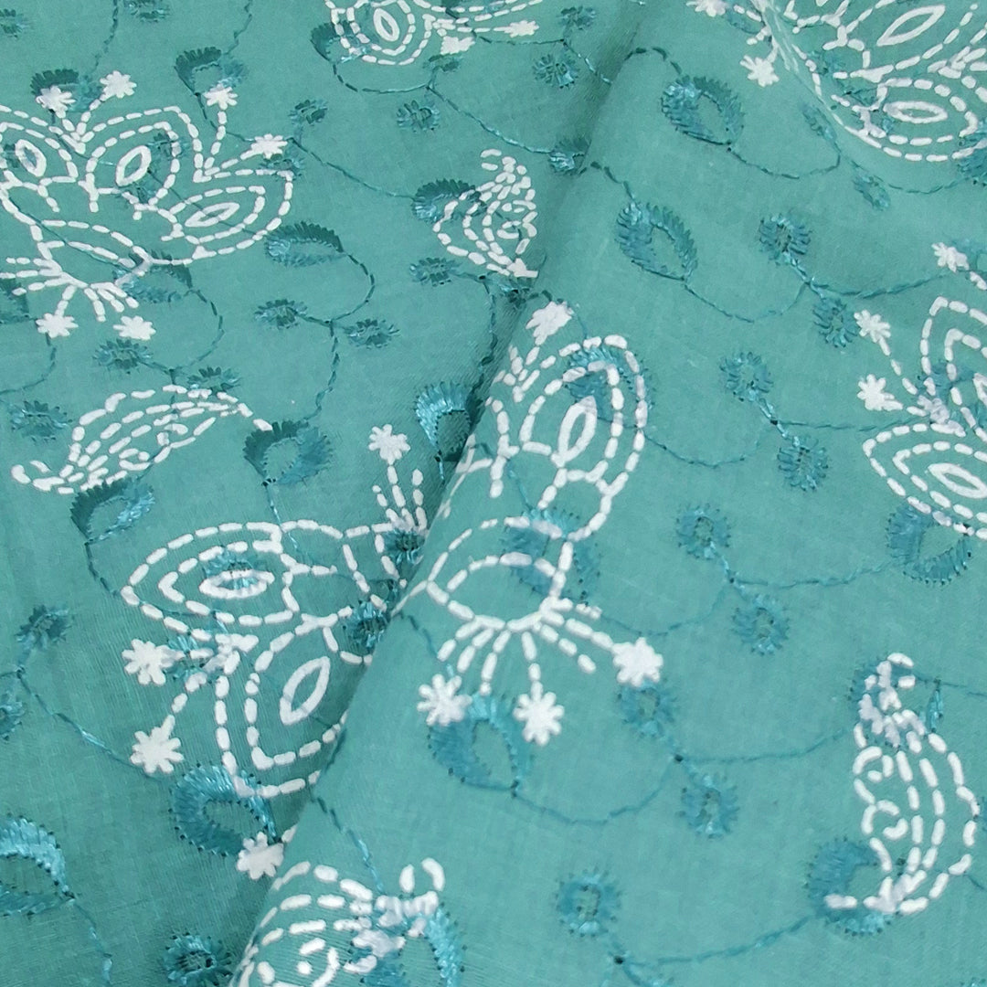 Peacock Green  with White Paisley & Floral Embroidery Cotton Chikan Fabric