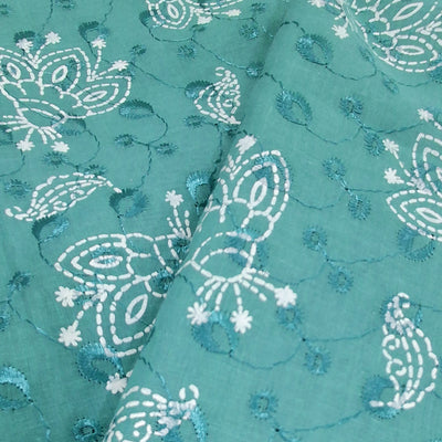 Peacock Green  with White Paisley & Floral Embroidery Cotton Chikan Fabric