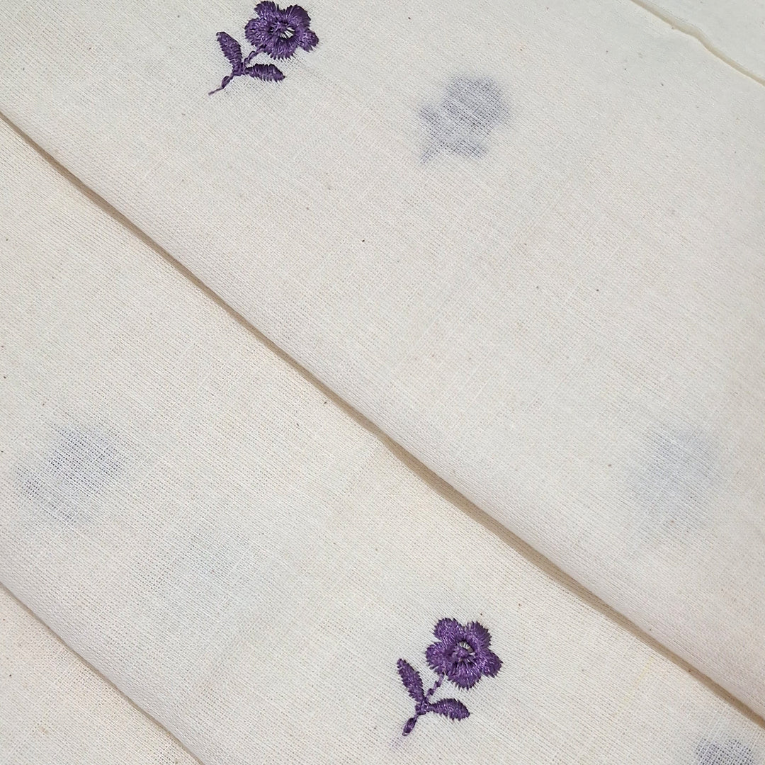 White with Single Floral Embroidery Kora Cotton  Fabric