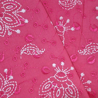 Bright Pink with White Paisley & Floral Embroidery Cotton Chikan Fabric