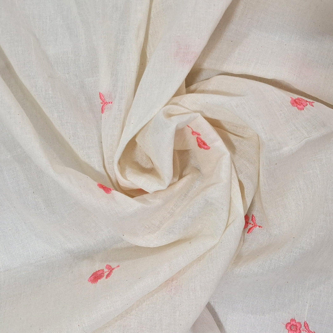White with Single Floral Embroidery Kora Cotton Fabric