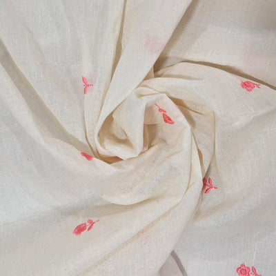 White with Single Floral Embroidery Kora Cotton Fabric