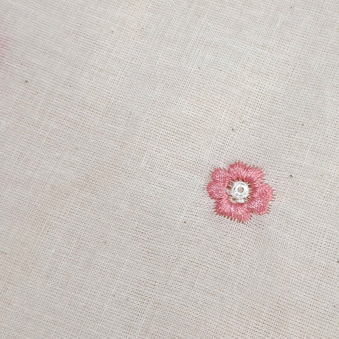 White with All-Over Small Multicolour Floral Embroidery Kora Cotton Fabric