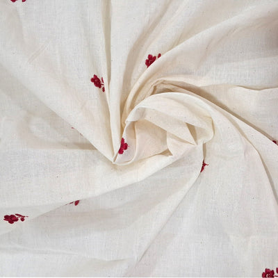White with Single Floral Embroidery Kora Cotton Fabric
