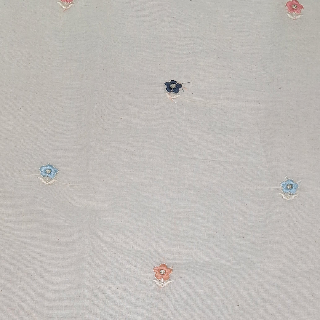 White With Multi Colour Small Floral Embroidery work Kora Cotton
