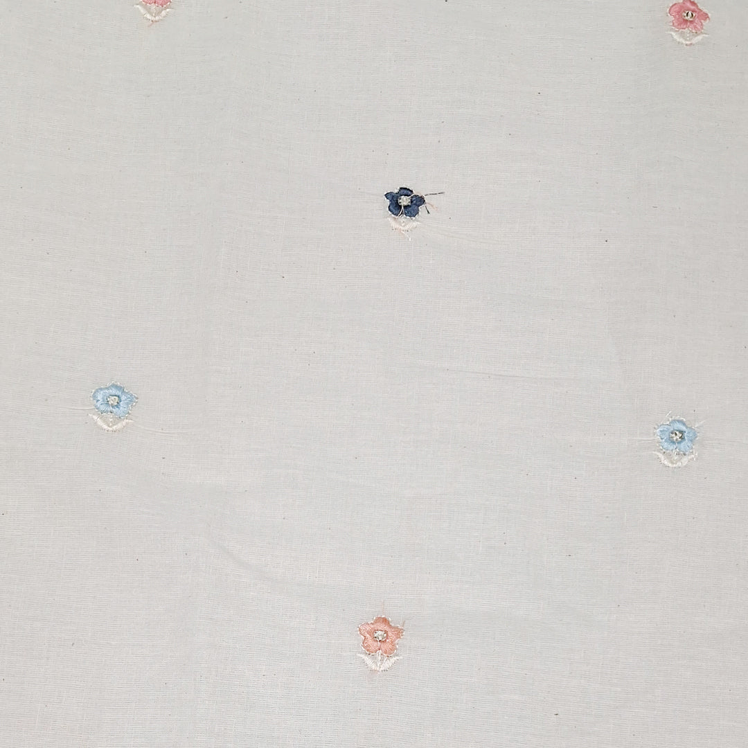White With Multi Colour Small Floral Embroidery work Kora Cotton
