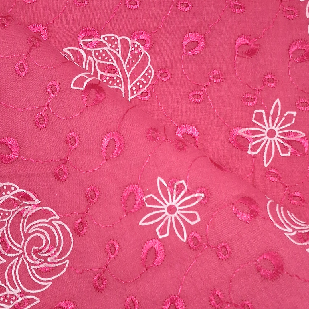 Bright Pink  with White Leaf & Floral Embroidery Cotton Chikan Fabric