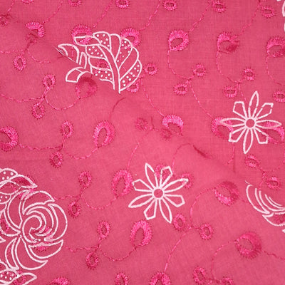 Bright Pink  with White Leaf & Floral Embroidery Cotton Chikan Fabric