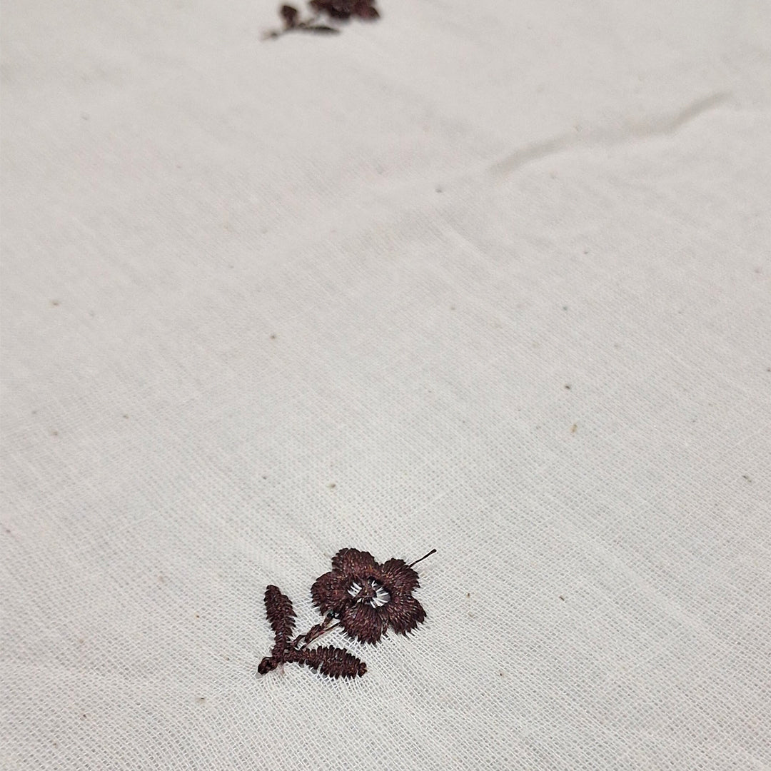 White with Single Floral Embroidery Kora Cotton Fabric