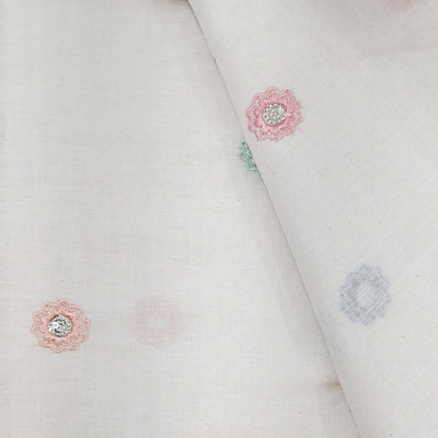 White With Multicolour Zigzag Petal Floral Butti Embroidery work Kora Cotton Fabric