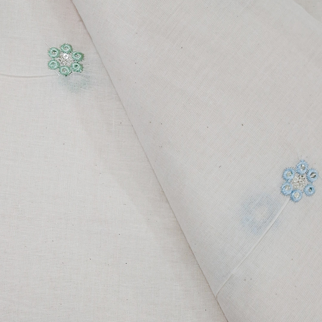 White Fabric with Delicate Multicolour Mini Flowers Kora Cotton Fabric