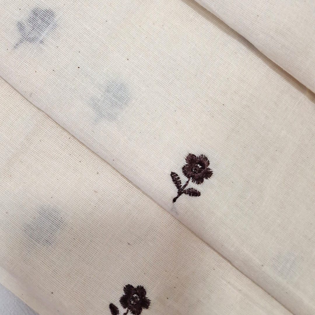White with Single Floral Embroidery Kora Cotton Fabric