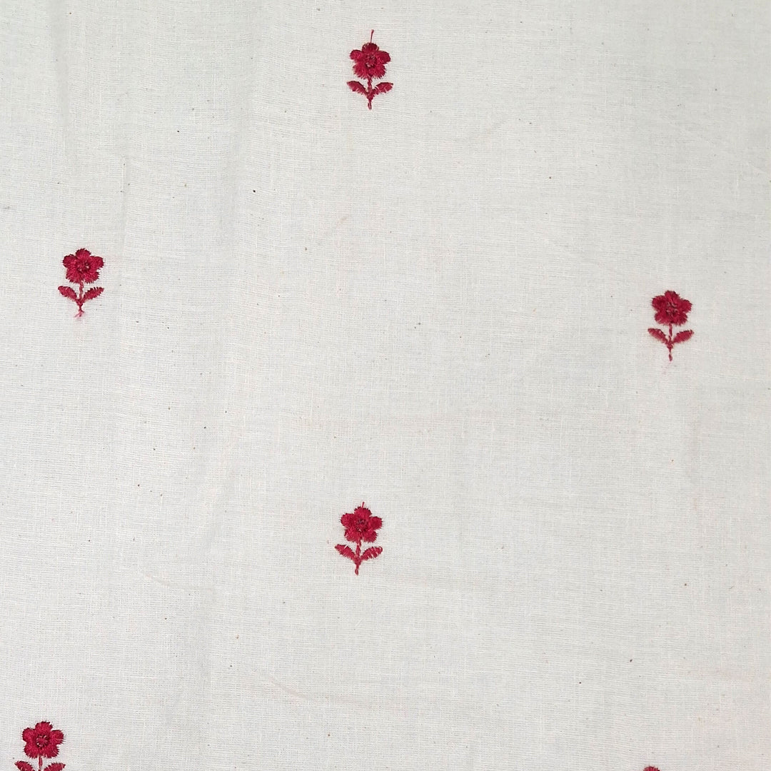 White with Single Floral Embroidery Kora Cotton Fabric