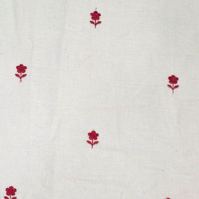 White with Single Floral Embroidery Kora Cotton Fabric