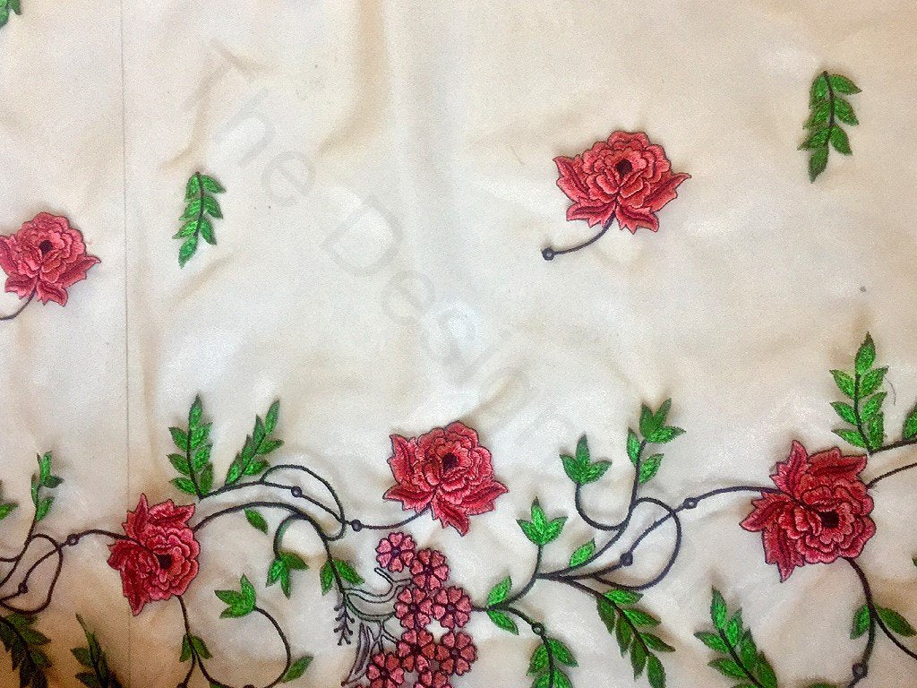 Off White Floral Design Embroidered Organza Fabric (Wholesale)