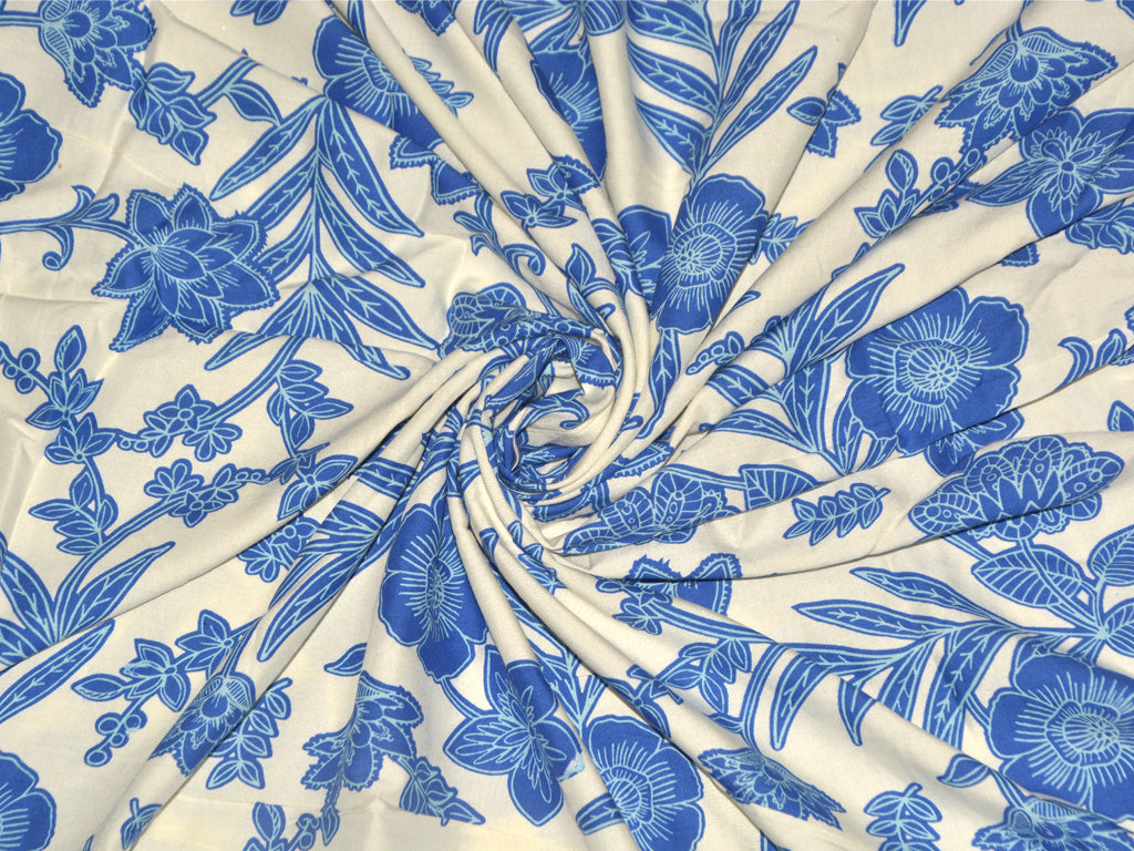 White & Blue Floral Printed Cotton Rayon Fabric