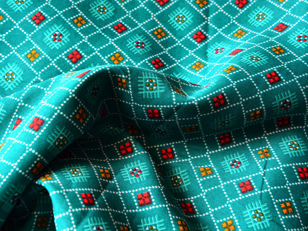 Teal Geometric Digital Printed Premium Butter Crepe Fabric