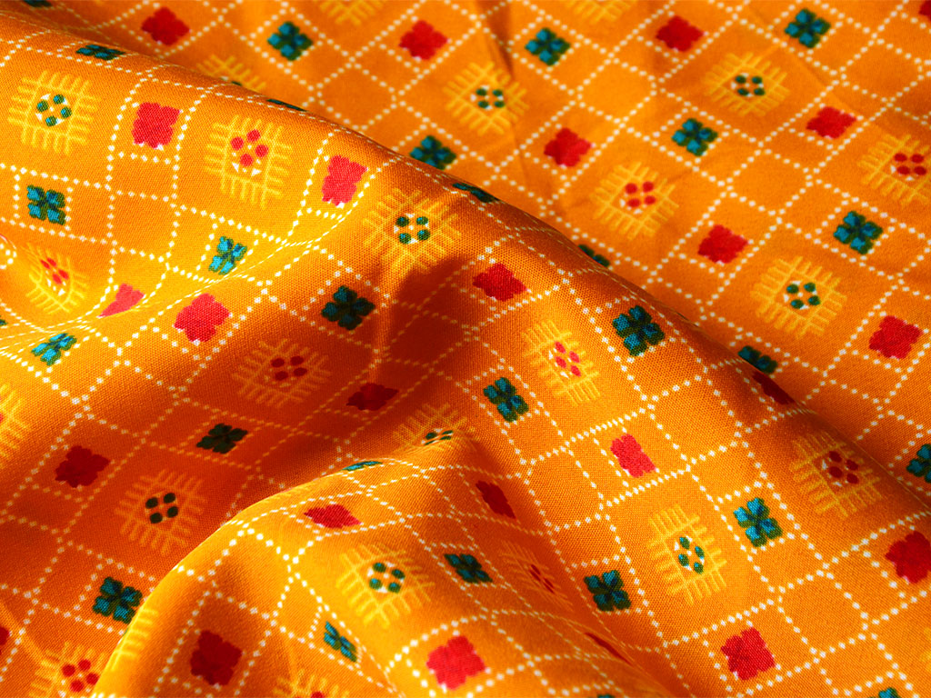 Mustard Yellow Geometric Digital Printed Premium Butter Crepe Fabric