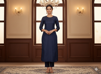 गहरा डेनिम नीला सादा ग्लेज्ड कॉटन कपड़ा (थोक)