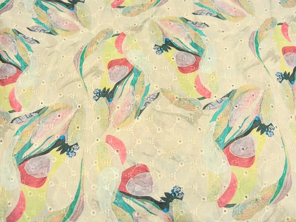 Off White 100 % Pure Cotton Chikan Embroidered Fabric