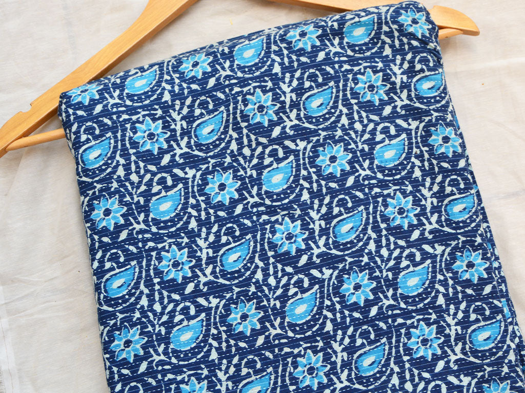 Blue Floral Pure Cotton Kantha Fabric