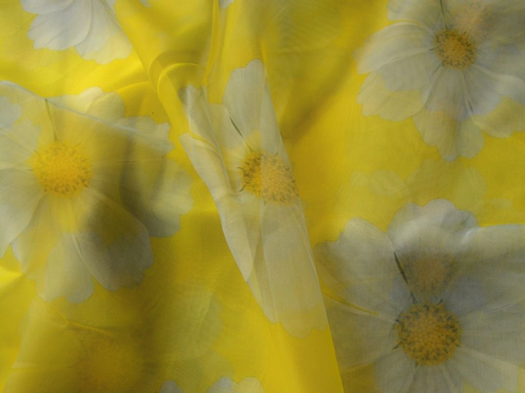 Lemon Yellow Floral Digital Printed Liquid Organza Fabric