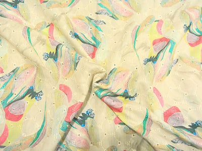 Off White 100 % Pure Cotton Chikan Embroidered Fabric