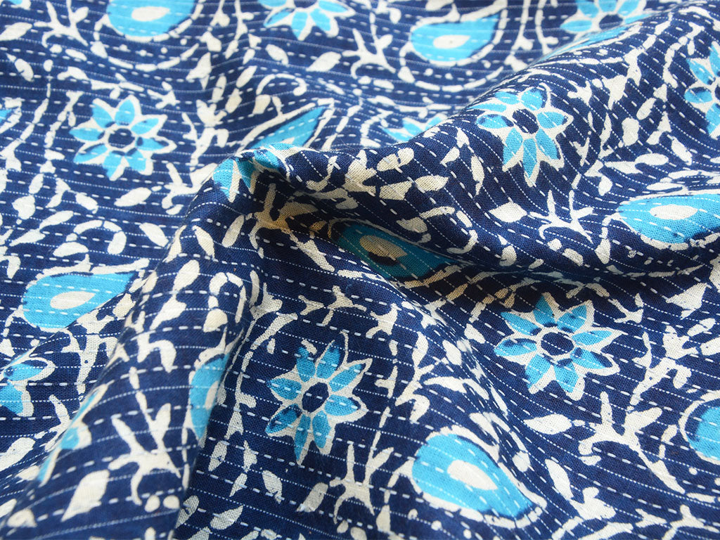 Blue Floral Pure Cotton Kantha Fabric