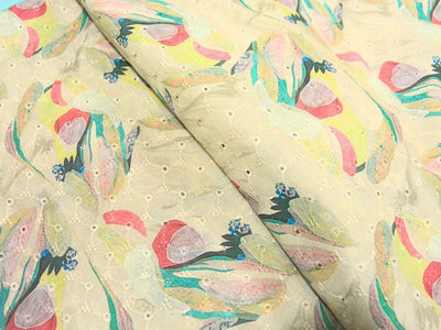 Off White 100 % Pure Cotton Chikan Embroidered Fabric