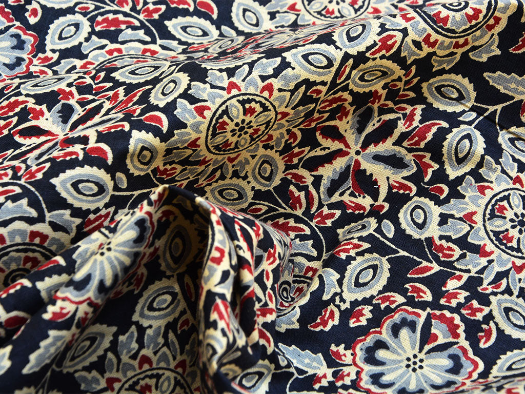 Black Floral Pure Mul Mul Kalamkari Cotton Fabrics