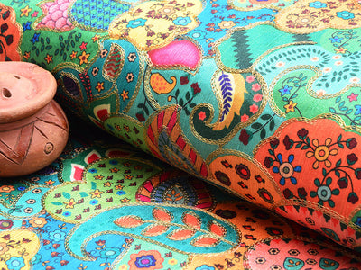 Multicolor Traditional Digital Print Heavy Zari Embroidered Mulberry Silk Fabric