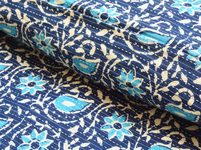 Blue Floral Pure Cotton Kantha Fabric
